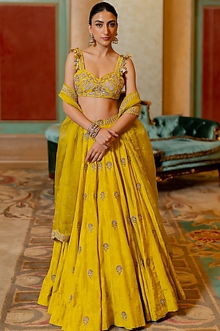Lime Yellow Russian Jacquard Self-Woven Lehenga Set by Paulmi & Harsh