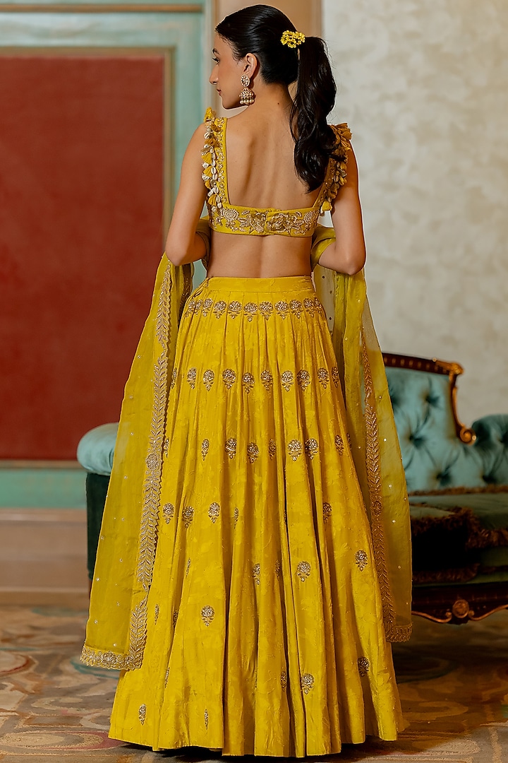 Lime Yellow Russian Jacquard Self-Woven Wedding Lehenga Set by Paulmi & Harsh at Pernia's Pop Up Shop