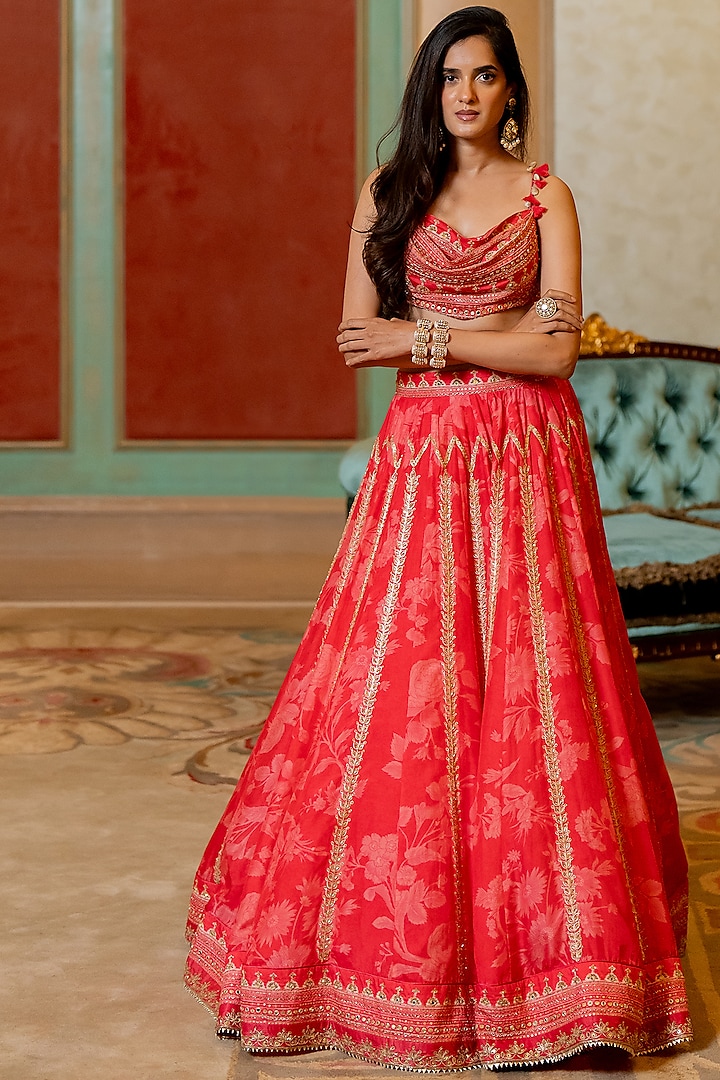 Cherry Red Cotton Silk Floral Printed & Hand Embroidered Wedding Lehenga Set by Paulmi & Harsh at Pernia's Pop Up Shop