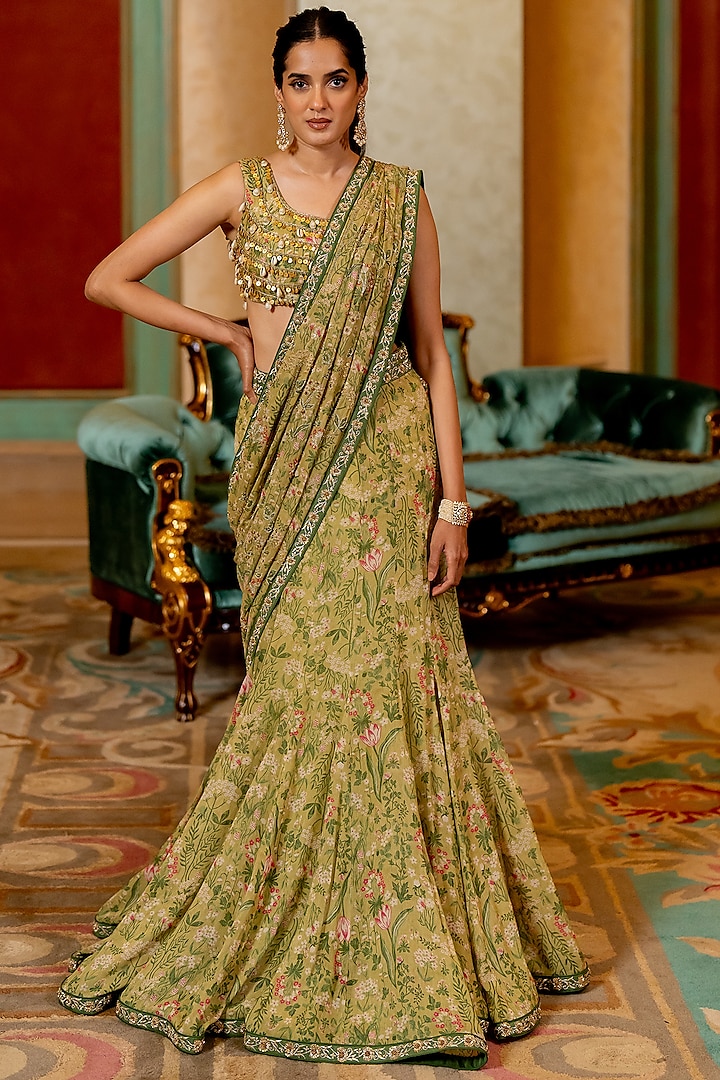 Sage Green Georgette Floral Printed Pre-Draped Saree Set by Paulmi & Harsh at Pernia's Pop Up Shop