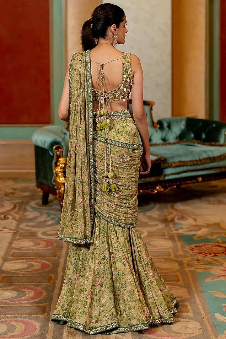 Sage Green Georgette Floral Printed Pre-Draped Wedding Saree Set by Paulmi & Harsh at Pernia's Pop Up Shop