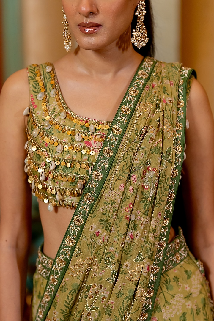 Sage Green Georgette Floral Printed Pre-Draped Wedding Saree Set by Paulmi & Harsh at Pernia's Pop Up Shop
