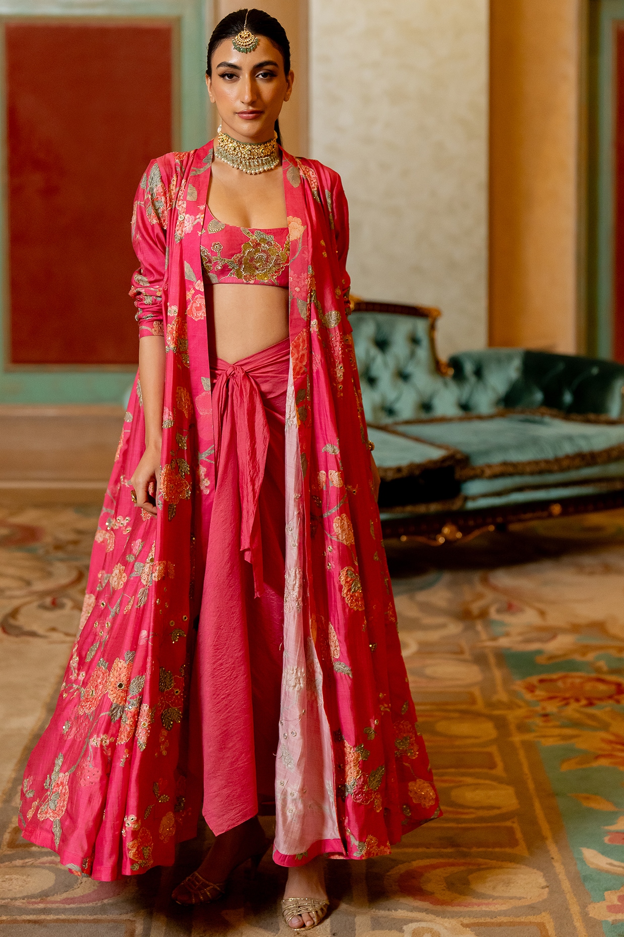 Pink Russian Jacquard Floral Printed & Hand Embroidered Jacket Set