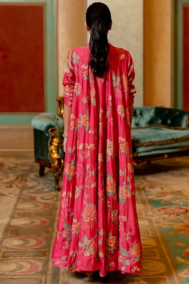 Pink Russian Jacquard Floral Printed & Hand Embroidered Jacket Set by Paulmi & Harsh at Pernia's Pop Up Shop