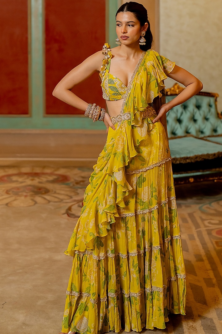 Lime Yellow Chiffon Floral Printed Pre-Stitched Saree Set by Paulmi & Harsh