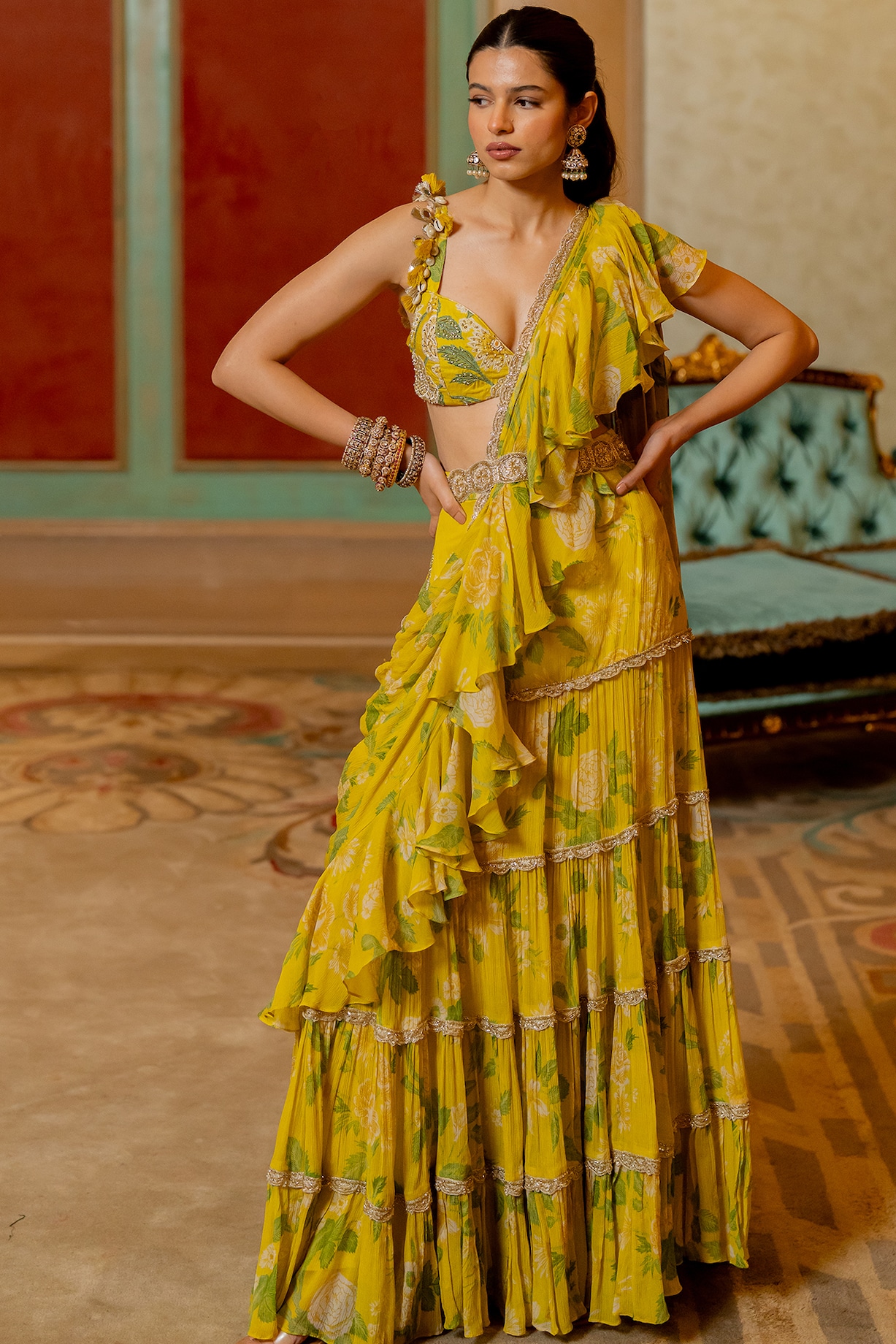 Yellow Poly Georgette Geometric Printed Pre-Stitched Pant Saree Set Design  by Ria Shah Label at Pernia's Pop Up Shop 2024