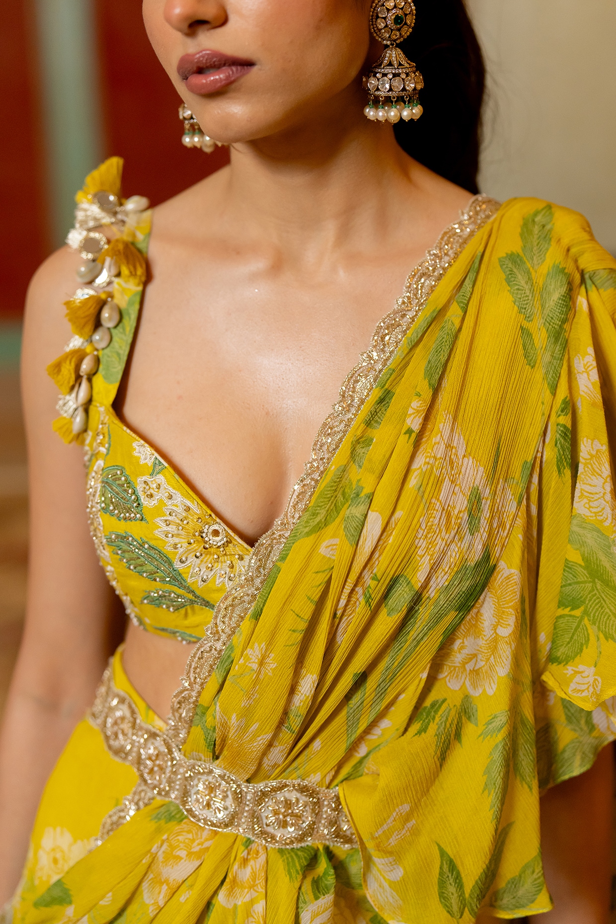 Spot-on Lime Saree | Ready to Wear Yellow Sequins Saree – Glamwiz India