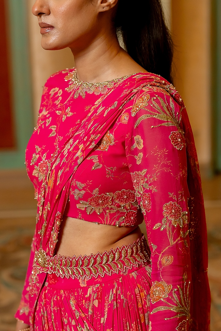 Pink Pure Georgette Floral Printed Pre-Stitched Wedding Saree Set by Paulmi & Harsh at Pernia's Pop Up Shop