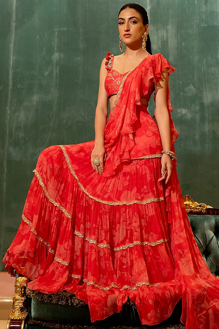 Cherry Red Chiffon Printed Pre-Stitched Saree Set by Paulmi & Harsh at Pernia's Pop Up Shop