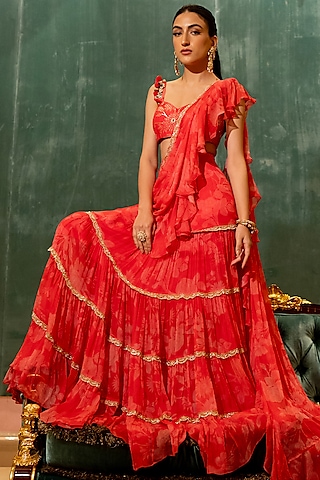 Cherry Red Chiffon Printed Pre-Stitched Saree Set by paulmi & harsh