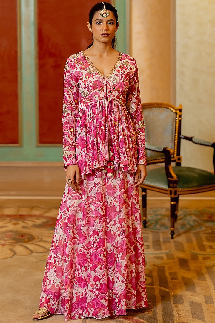 Pink Georgette Floral Printed Palazzo Set by Paulmi & Harsh at Pernia's Pop Up Shop