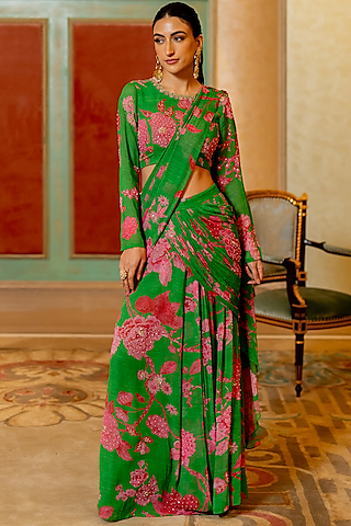 Green Pure Georgette Floral Printed Pre-Stitched Saree Set by Paulmi & Harsh