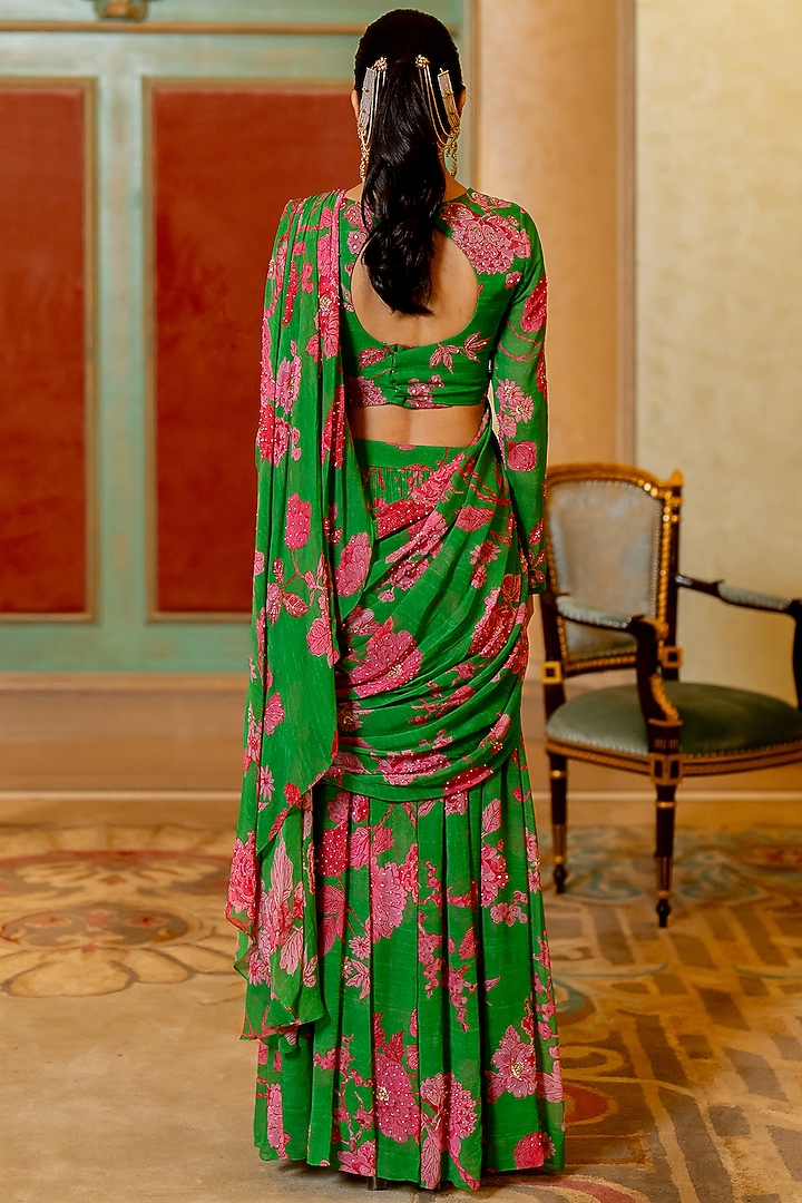 Green Pure Georgette Floral Printed Pre-Stitched Wedding Saree Set by Paulmi & Harsh at Pernia's Pop Up Shop