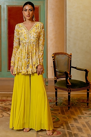 Lime Yellow Georgette Palazzo Set by Paulmi & Harsh