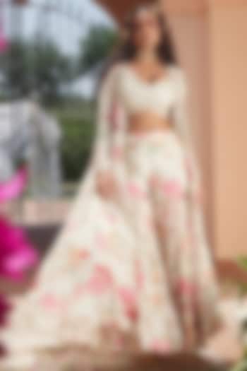 Ivory Georgette Printed & Embroidered Jacket Set by Paulmi & Harsh at Pernia's Pop Up Shop