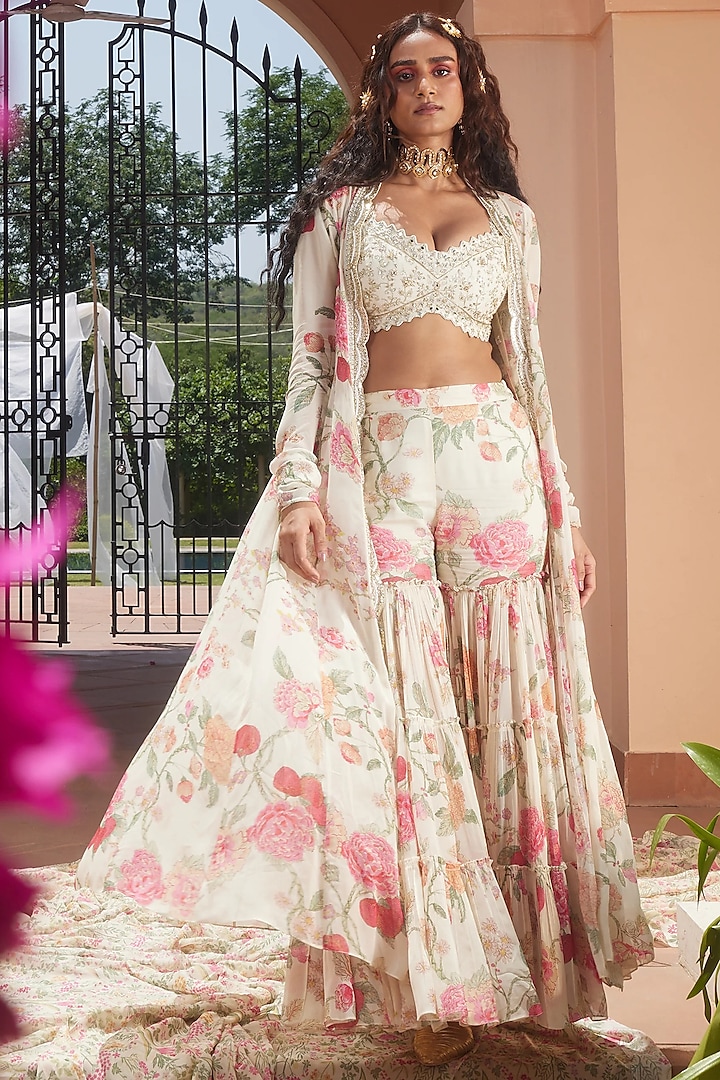 Ivory Georgette Printed & Embroidered Jacket Set by Paulmi & Harsh at Pernia's Pop Up Shop