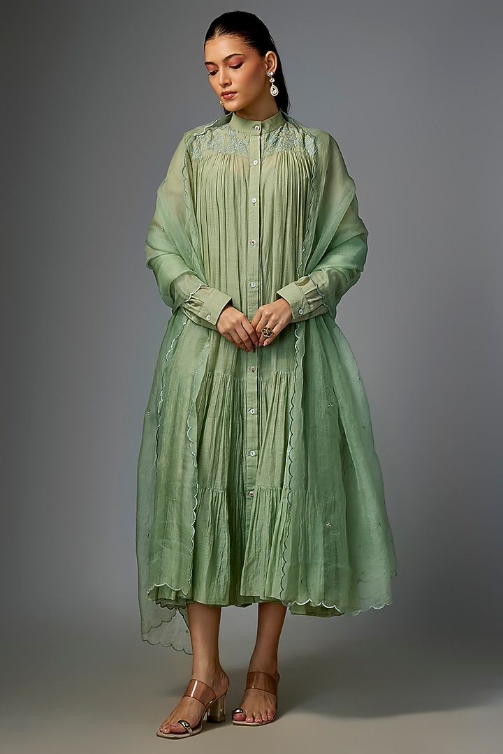 Wash Blue Malai Chanderi Embroidered Party Wear Anarkali Set by Paulmi & Harsh at Pernia's Pop Up Shop