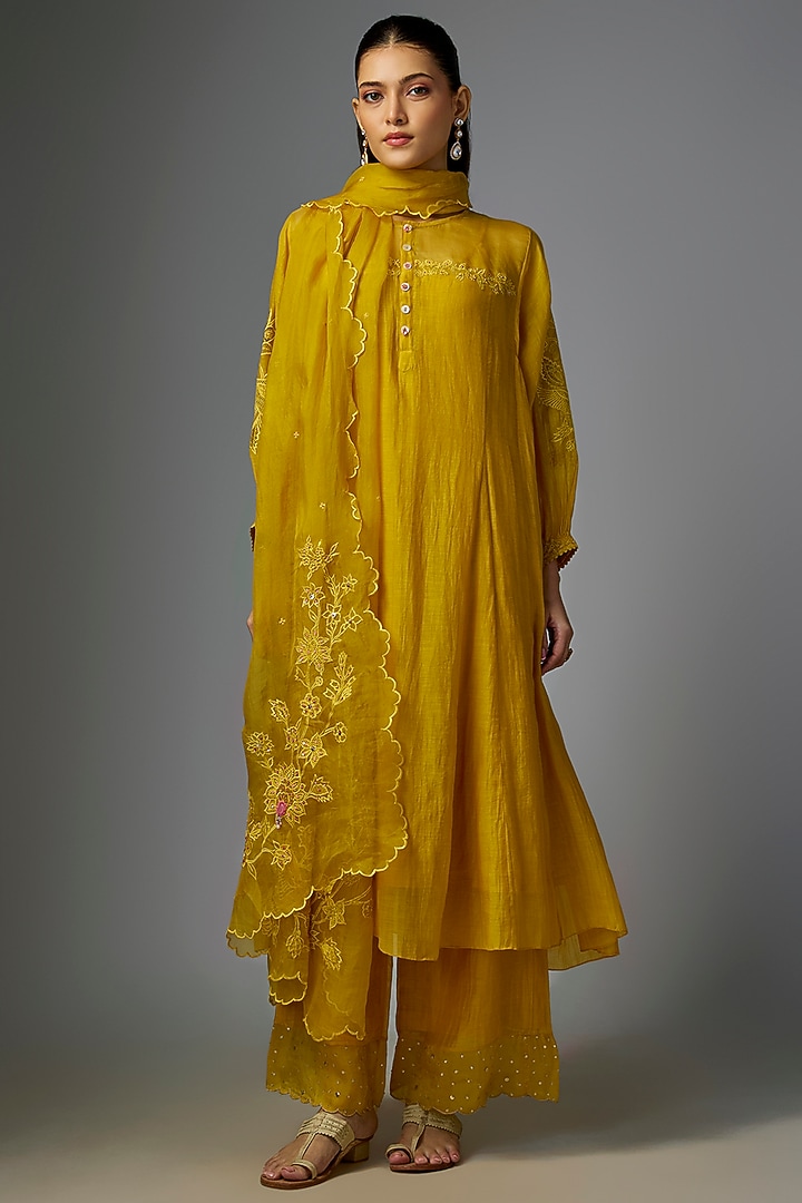 Yellow Malai Chanderi Embroidered Party Wear Anarkali Set by Paulmi & Harsh at Pernia's Pop Up Shop