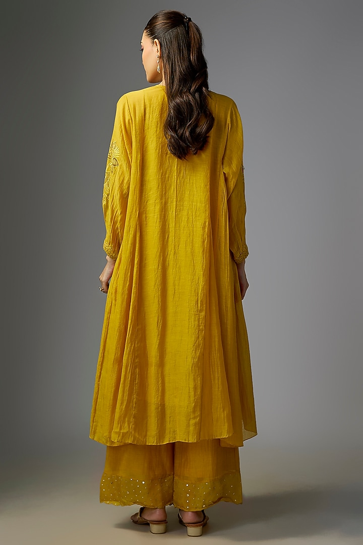 Yellow Malai Chanderi Embroidered Party Wear Anarkali Set by Paulmi & Harsh at Pernia's Pop Up Shop