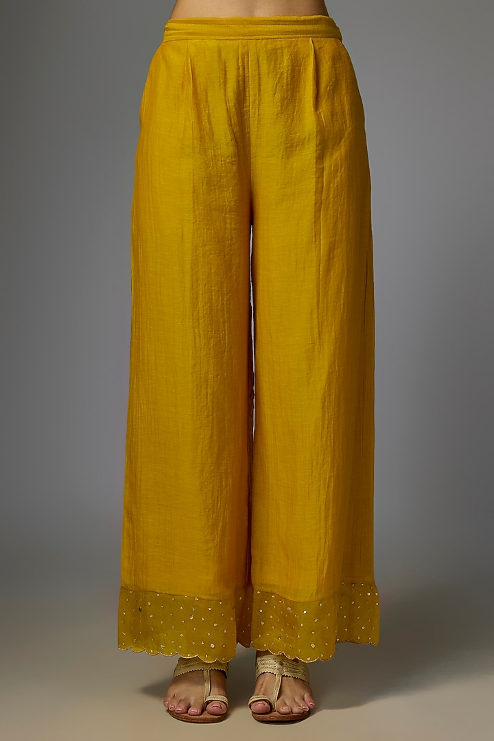 Yellow Malai Chanderi Embroidered Party Wear Anarkali Set by Paulmi & Harsh at Pernia's Pop Up Shop
