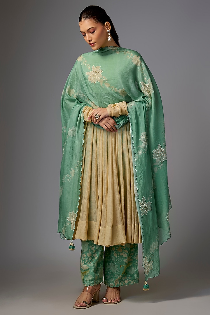 Ivory Malai Chanderi Embroidered Party Wear Anarkali Set by Paulmi & Harsh at Pernia's Pop Up Shop