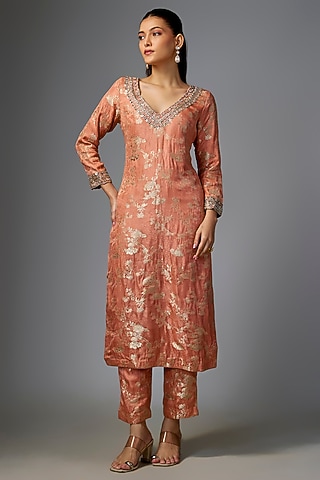 Peach Jamawar Jacquard Printed & Embroidered Kurta Set by Paulmi & Harsh