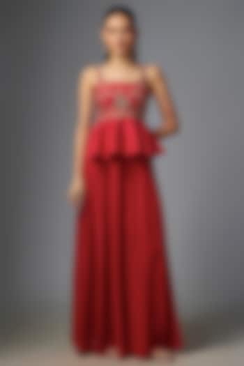 Scarlet Red Chiniya Silk Pant Set by Paulmi & Harsh at Pernia's Pop Up Shop