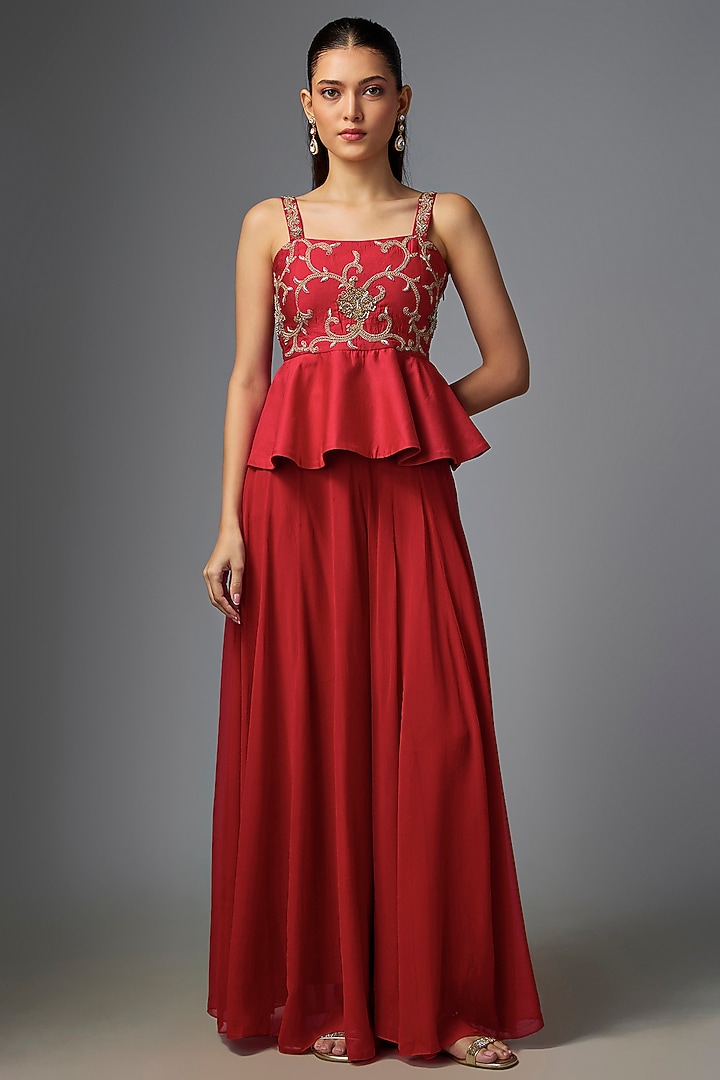 Scarlet Red Chiniya Silk Pant Set by Paulmi & Harsh at Pernia's Pop Up Shop