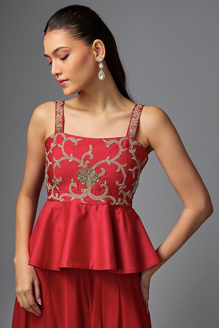 Scarlet Red Chiniya Silk Pant Set by Paulmi & Harsh at Pernia's Pop Up Shop