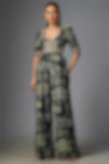 Blue Pure Crepe Floral Digital Printed & Embroidered Jumpsuit by Paulmi & Harsh at Pernia's Pop Up Shop