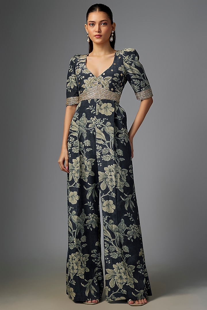 Blue Pure Crepe Floral Digital Printed & Embroidered Jumpsuit by Paulmi & Harsh at Pernia's Pop Up Shop