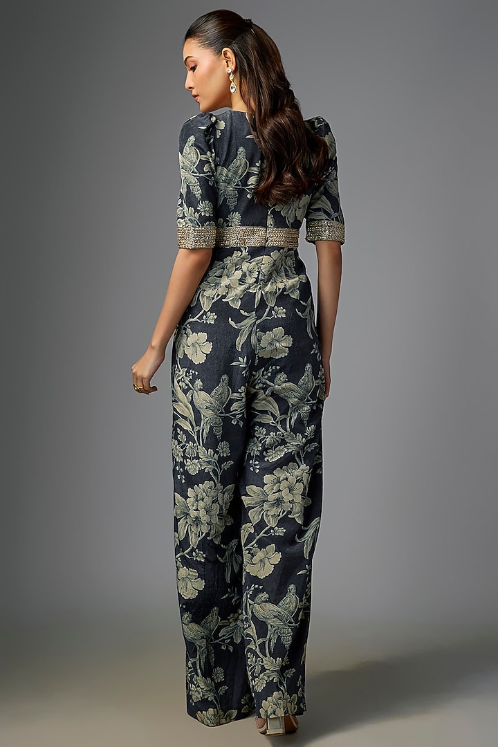 Blue Pure Crepe Floral Digital Printed & Embroidered Jumpsuit by Paulmi & Harsh at Pernia's Pop Up Shop