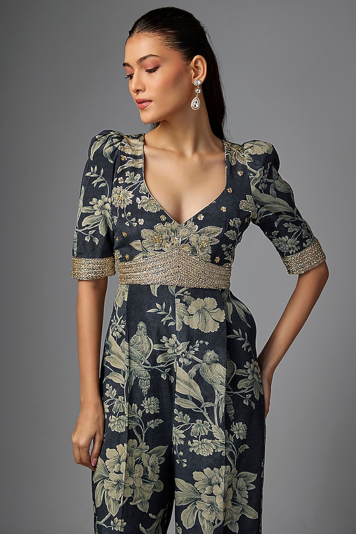 Blue Pure Crepe Floral Digital Printed & Embroidered Jumpsuit by Paulmi & Harsh at Pernia's Pop Up Shop
