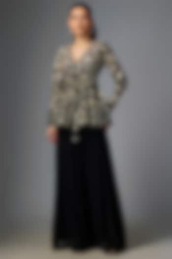 Black Chiniya Silk Palazzo Pant Set by Paulmi & Harsh at Pernia's Pop Up Shop