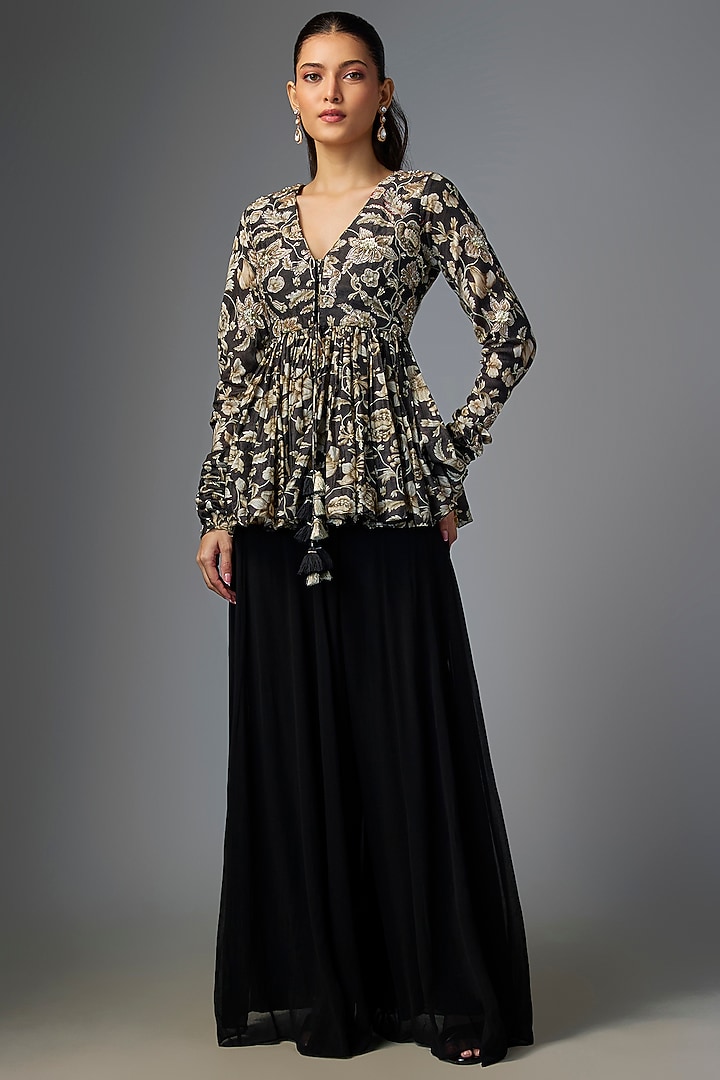 Black Chiniya Silk Palazzo Pant Set by Paulmi & Harsh at Pernia's Pop Up Shop