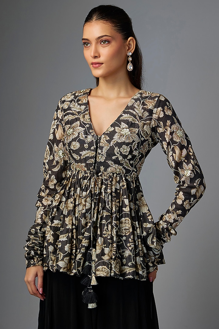 Black Chiniya Silk Palazzo Pant Set by Paulmi & Harsh at Pernia's Pop Up Shop