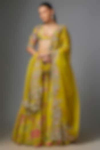 Lime Yellow Chiniya Silk Digital Printed Wedding Lehenga Set by Paulmi & Harsh at Pernia's Pop Up Shop