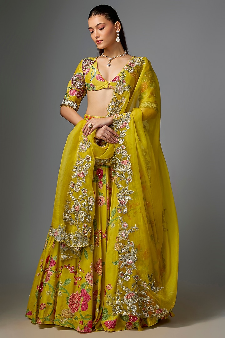 Lime Yellow Chiniya Silk Digital Printed Wedding Lehenga Set by Paulmi & Harsh at Pernia's Pop Up Shop