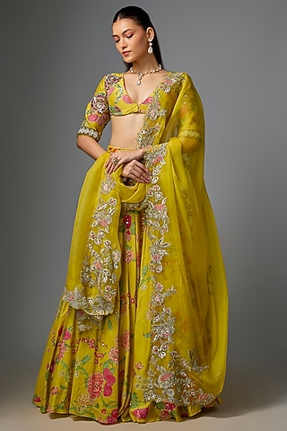 Lime Yellow Chiniya Silk Digital Printed Lehenga Set by Paulmi & Harsh