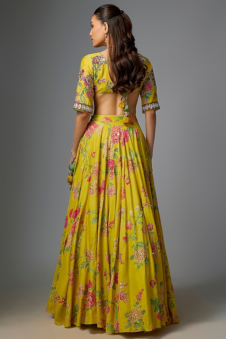Lime Yellow Chiniya Silk Digital Printed Wedding Lehenga Set by Paulmi & Harsh at Pernia's Pop Up Shop