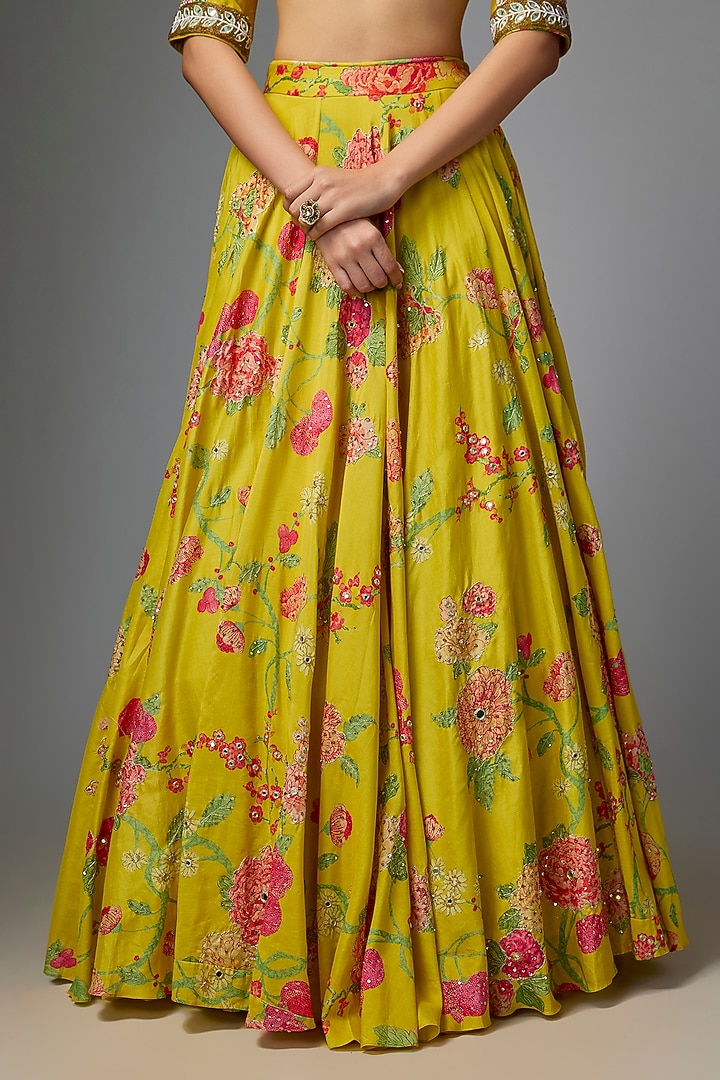Lime Yellow Chiniya Silk Digital Printed Wedding Lehenga Set by Paulmi & Harsh at Pernia's Pop Up Shop