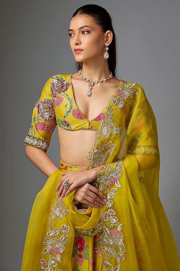 Lime Yellow Chiniya Silk Digital Printed Wedding Lehenga Set by Paulmi & Harsh at Pernia's Pop Up Shop