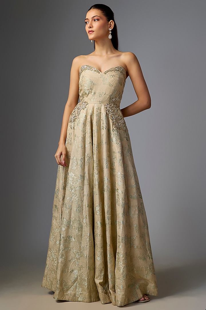 Ivory Russian Jacquard Hand Embroidered Jumpsuit by Paulmi & Harsh at Pernia's Pop Up Shop