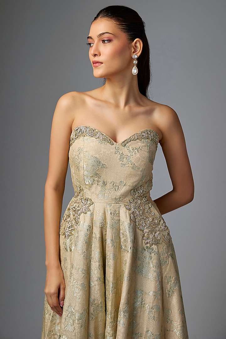 Ivory Russian Jacquard Hand Embroidered Jumpsuit by Paulmi & Harsh at Pernia's Pop Up Shop