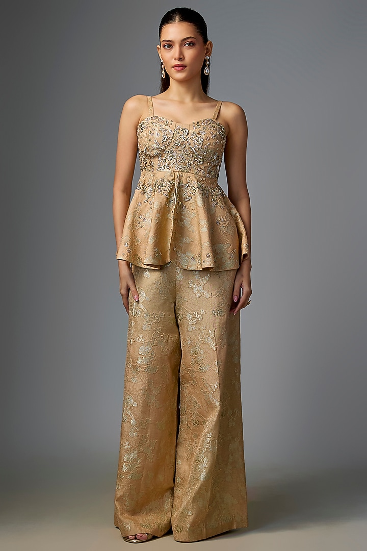 Beige Jacquard Zardosi Embroidered Pant Set by Paulmi & Harsh at Pernia's Pop Up Shop