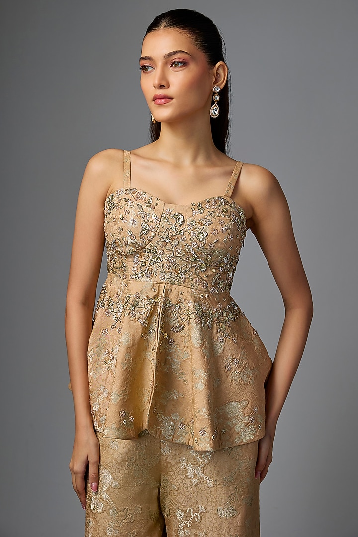 Beige Jacquard Zardosi Embroidered Pant Set by Paulmi & Harsh at Pernia's Pop Up Shop