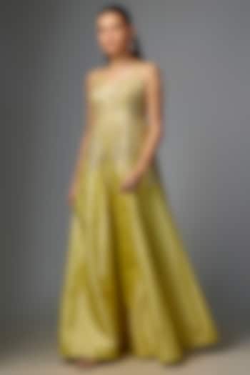 Yellow Jamawar Jacquard Zardosi Embroidered Jumpsuit by Paulmi & Harsh at Pernia's Pop Up Shop