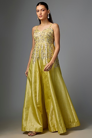 Yellow Jamawar Jacquard Zardosi Embroidered Jumpsuit by Paulmi & Harsh