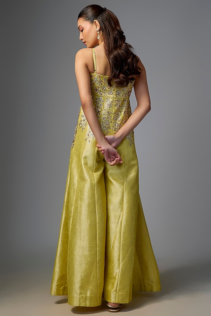 Yellow Jamawar Jacquard Zardosi Embroidered Jumpsuit by Paulmi & Harsh at Pernia's Pop Up Shop