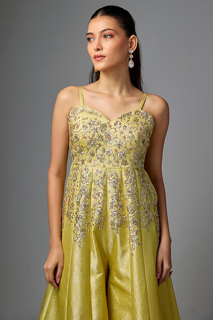 Yellow Jamawar Jacquard Zardosi Embroidered Jumpsuit by Paulmi & Harsh at Pernia's Pop Up Shop